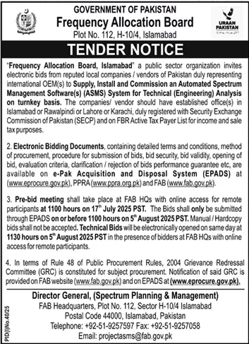 Frequency Allocation Board Islamabad Tender Notice